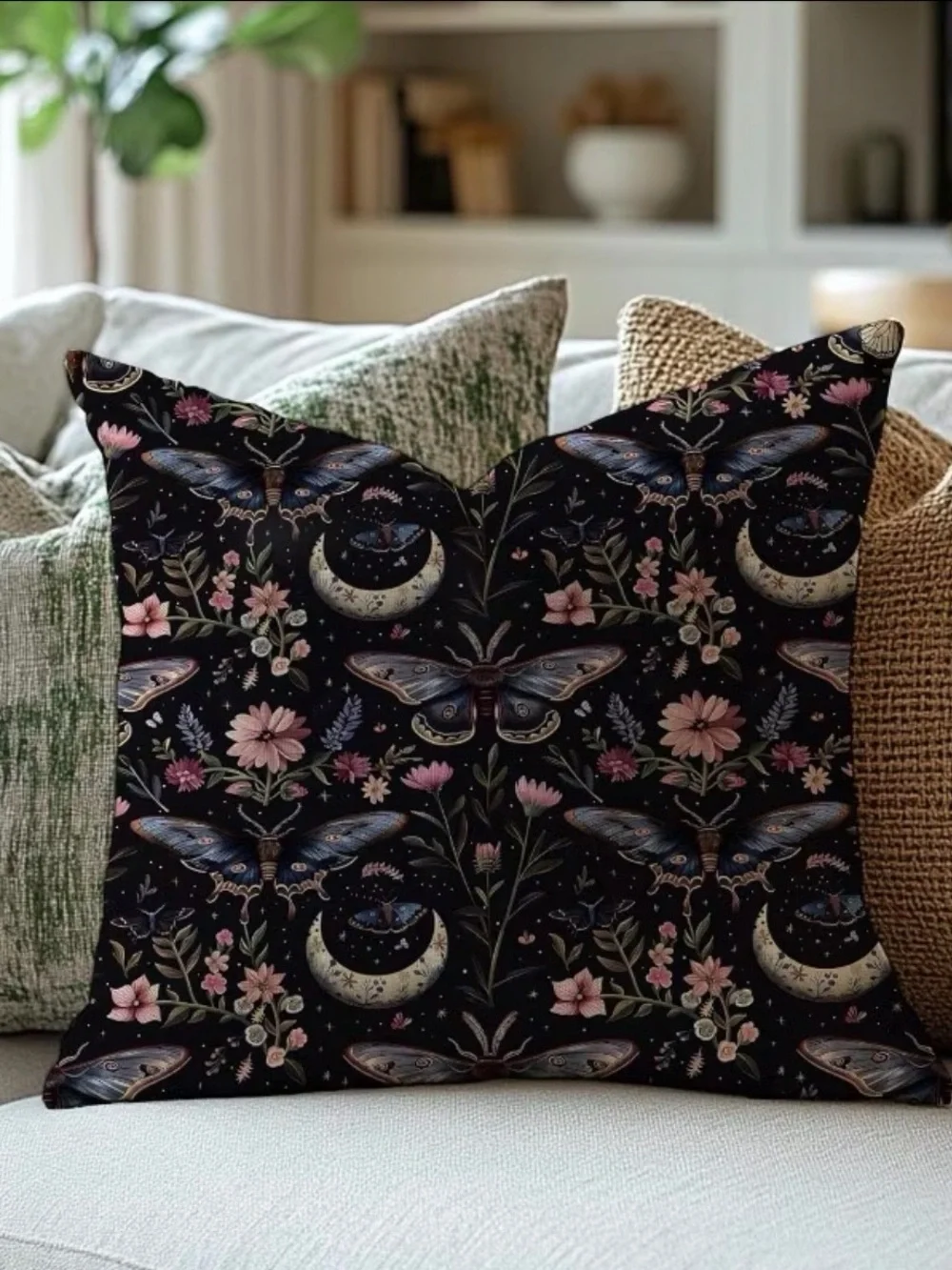 Dark Academia Gothic Moth Moon Floral Throw Pillow Cover 16x16 Celestial Dream
